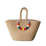 Purpdrank  Portable Straw Woven Tote Bag Handmade Large Capacity Shoulder Bags Hollow Out Button Braided Underarm Bag Women