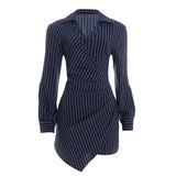 Purpdrank  Chic Blue & White Striped Shirt Dress Women Fashion Turn Down Collar Long Sleeve Pleats Slim Asymmetrical Hem Mini Dress