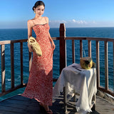 Purpdrank  Slightly Tipsy Rum Lace Color-Block Floral Strap Long Dress for Women Summer Slim Fit