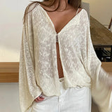 Purpdrank  Women Loose Fit Cardigans Smocked Tops Y2k Front Hook Button V Neck Knitted Sweater Autumn Long Sleeve Knitwear Streetwear