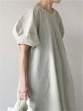 Summer White Korean Puff Sleeve Women's Long Dresses High Waist New Casual Loose O-Neck Fashion A-Line Dress Female