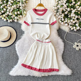Purpdrank  Korean Sle Student Stripe Knitted T-irt Top High Waist A-Line Skirt Set round Ne ort Sve Casual Faion Ensemble