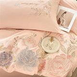Purpdrank  Beige/Pink Flowers Butterfly Embroidery 100% Cotton Bedding Set Duvet Cover Set Bed Sheet/Fitted Sheet Pillowcases 4Pcs Bed Sets