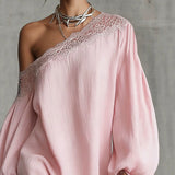 Purpdrank  Casual Loose Long Sleeve Mini Dress Women Summer Fashion One Shoulder Pink Lace Short Dresses Elegant