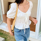 Purpdrank  Spring Summer Lace-up Ruffles Women's T-Shirts 2025 New French Style Elegant Puff Sleeve Short Shirt Tops for Womens