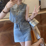 Purpdrank  In The Summer of 2025, High Waist and Slim Denim Sleeveless Vest and Hip Skirt Women's Fashion Two-piece Suit Women