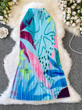 Purpdrank  Korean Spring/Summer High Waist Print Pleated Slim Long Skirts