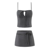 Purpdrank  Sexy Lacing up Bow Collar Camisole Tank Top +  Side Zipper Low Waist Wood ears Front A-lined Short Skirt 2 Pieces 1 Set Coffee