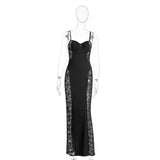 Purpdrank  Sexy Black Sheer Lace Panel Sling Maxi Dress Women's Sleeveless Hollow Out Slim Bodycon Party Gown Formal Prom Night Dress