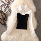 Purpdrank  Spring New Lapel Knitshirt Women's Design Sensibility Niche Waist-Fitted Slimming Two-Piece Illusion Long Sleeve Top