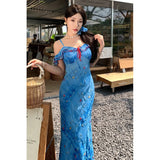 Purpdrank  Summer Chiffon Slim Fit Embroidered Short Sleeve Ruffle Strap Two-Way Dress