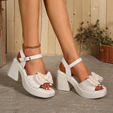 Purpdrank  Elegant Bow Knot Square Heel Sandals Woman Fashion Beige Back Strap Open Toe Sandal Female Pu Leather Thick Bottom Sandal Mujer