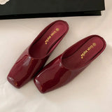 Purpdrank  Fashion Red Square Toe Flat Slippers Women High Quality Patent Leather Mules Luxury Brand Designer Sandals Sandalias De Mujer
