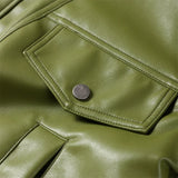 Purpdrank  Fashion Green Leather PU Jacket Women Loose Laple Zipper Long Sleeve Single Breasted Pocket Coat 2025 Autumn New Lady Streetwear