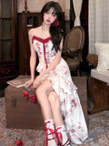 Purpdrank  Fashion Sweet and Spicy Beach Vacation Princess Chiffon Lace Up Long Dress French Fragmented Flower Waist Irregular Sling Dress