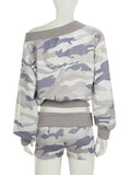 Purpdrank  Women Casual Camouflage Print Matching Set Chic Off Shoulder Long Sleeve Loose Top and Shorts Streetwear 2 Piece Outfit
