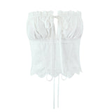 Purpdrank  Summer White Embroidery Hollow Out Hole Wood ears Bow Ruched Chest Corset Camisole Women Cross Lacing up Bow Back Tank Top