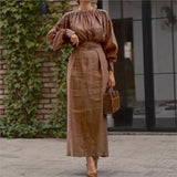 Purpdrank  Women's Fashion Solid Skirt Set Elegant O-neck Full Sleeve Pleated Top Loose Maxi Skirt With Belted Lady 2025 Summer Chic Outfit