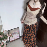 Purpdrank  Y2k Aesthetic Two Pieces Set Women Fake Two Pieces Lace Sexy Tank Top + High Waist Vintage Printing Skirts Fairy Grunge Suit
