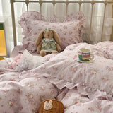 Purpdrank  Double Layer Yarn Pure Cotton French Floral Lace Ruffles Bedding Set Duvet Cover Set Pillowcases With Flat/Fitted Bed Sheet 4Pcs