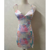 Purpdrank  Sexy Tie Dye Print Satin Sling Dress Women Bandage Lacing up Strap Slit Short Mini Party Robe