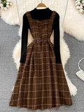 Purpdrank - High Quality Fall Winter Women Sweater Overalls Dress Sets Casual Knitted Tops +Plaid Woolen Dress 2 Piece Sets Outfits Female