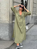 Purpdrank  Bandage Solid Women Dresses Full Sleeve V Neck Lady Dress 2025 Casual Street Lace Up A Line Loose Side Slit Female Robes