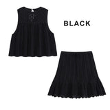 Purpdrank  Knit Jacquard Mesh Women Skirts Sets New Elegant Hollow Out O Neck Sleeveless Vest Casual Drawstring A-Line Mini Skirt