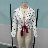 Purpdrank  Elegant Casual Women's Suit Coat with Bow Tie Decor Polka Dot Pattern Regular Sleeve Length Full Polyester Fiber