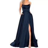 Purpdrank  women's Satin Prom Dresses Spaghetti Straps Backless Long Dress with High Slit Mermaid Formal Party Gown with Pocket Vestido