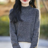 Purpdrank  Women's Loose Fit Knitted Sweater Half High Collar Soft Fleece Winter Thickened Floral Thread Knit Top Lazy Base Layer Shirt