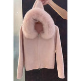 Purpdrank  Korean Chic Autumn Winter Versatile Casual Big Fur Collar Zipper Sweater Jacket Hooded