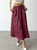 Purpdrank  Women's Angola Red Elastic Waist PU Leather Long Skirt, Elegant A-line Skirts, Ladies Fashion, Autumn, Winter