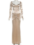Purpdrank  Women's Elegant Champagne Square Neck Long Sleeve Maxi Dress New Stylish Ruched Slim Bodycon Dress for Eveing Party Gown
