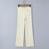 Purpdrank  New Autumn Fashion Rib Knit Wide Leg Pants for Woman Bow Lacing up Elastic Waist Straight Loose Trousers Yoga Bottom Beige Pink