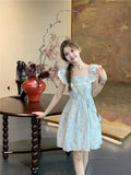 Purpdrank  French Ruffled Lace Square Neck Small Flying Sleeve Floral Dress Summer New Style Waist-hugging Short Skirt
