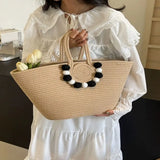 Purpdrank  Portable Straw Woven Tote Bag Handmade Large Capacity Shoulder Bags Hollow Out Button Braided Underarm Bag Women