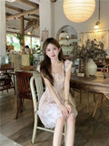 Purpdrank  French Ruffled Lace Square Neck Small Flying Sleeve Floral Dress Summer New Style Waist-hugging Short Skirt