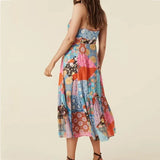 Purpdrank  BOHO Contrast Color Flower Print Midi Long Sling Dress Hippie Women Single-breasted Buttons Ruffles Hem Slit Robe Holiday