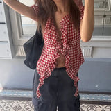 Purpdrank  Retro Red Checkered Shirt Top Women's Pleated Lace Up Bubble Sleeve Short Sleeved T-shirt