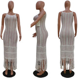 Purpdrank  Sexy Crochet Hollow Out Summer Beach Dress Women Sleeveless See Through High Waist Tassel Hem Vacation Maxi Long Dress Sundress