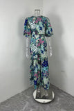 Purpdrank  Summer Elegant Women Blue Flower Print Dress Lantern Sleeve And Ankle  Slim Bodycon O-neck Pastoral Style Party Dress