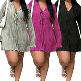 Purpdrank   Dresses for Women Summer Long Sleeve V-neck Pleated Mini Dress
