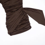 Purpdrank  Long Sleeve Ruched Mini Dress Women Fashion Brown O Neck Long Sleeve Slim Bodycon Dress for Daily Office Dating Outfits