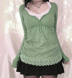 Purpdrank  Y2k Cottage Lace Trim Babydoll T-shirt Autumn Button Up Long Sleeve Pullovers Tops Women Cyber Grunge Loose Fit Blouse Tees
