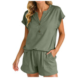 Purpdrank  Women Solid Color Two Piece Set V Neck Half Button Short Sleeve Top And High Waist Shorts With Pockets Soft Casual Office Suits