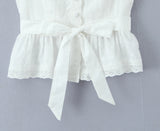 Purpdrank  New Holiday White Spliced Lace Strap Camis Women Summer Open Buttons Front Tie Bow Sashes Tank Tops V neck Ruffles Hem Crop Top