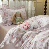 Purpdrank  Double Layer Yarn Pure Cotton French Floral Lace Ruffles Bedding Set Duvet Cover Set Pillowcases With Flat/Fitted Bed Sheet 4Pcs