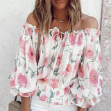 Purpdrank  Women Long Sleeve Off Shoulder Floral Print Summer Causal Lace Up Blouse Tops Shirts Female Blouses Sexy Casual Blouse For Women