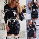 Purpdrank  Women's Clothing Autumn Christmas Printed Tight Hip-hugging Dress Long-sleeved Slimming T-shirt Short Skirt